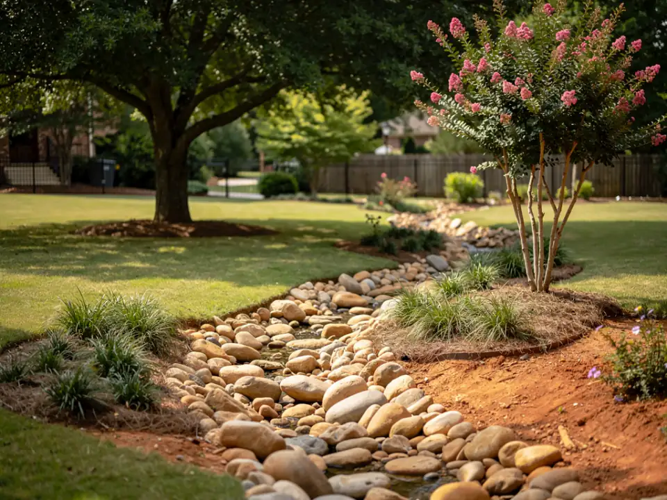 Dry creek bed of river rock running through a side yard lawn