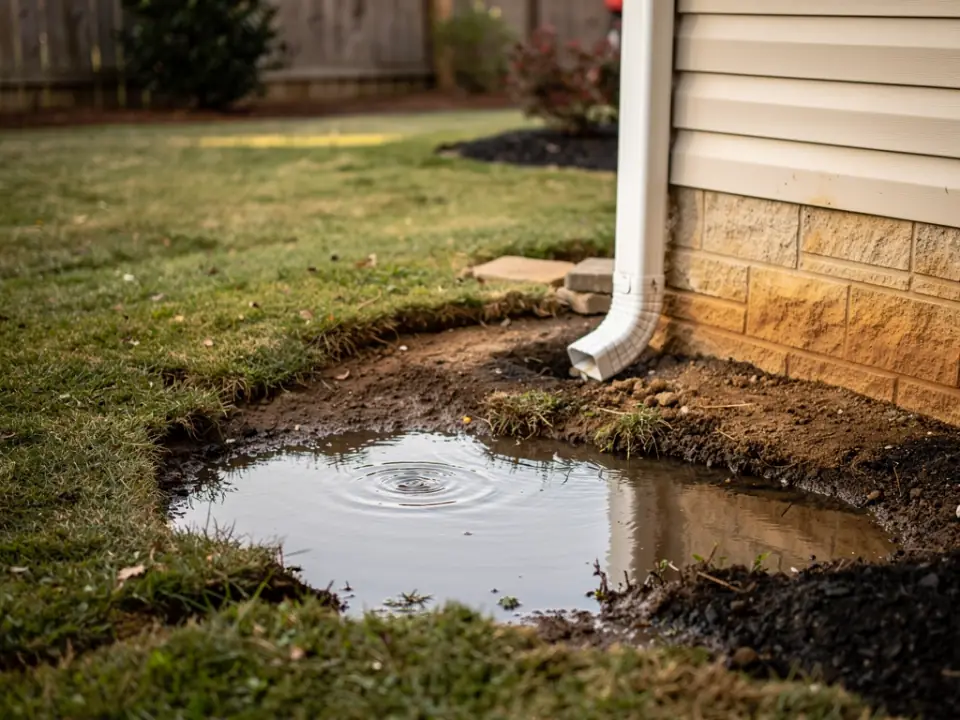 Standing water in a low spot of a lawn next to a downspout.