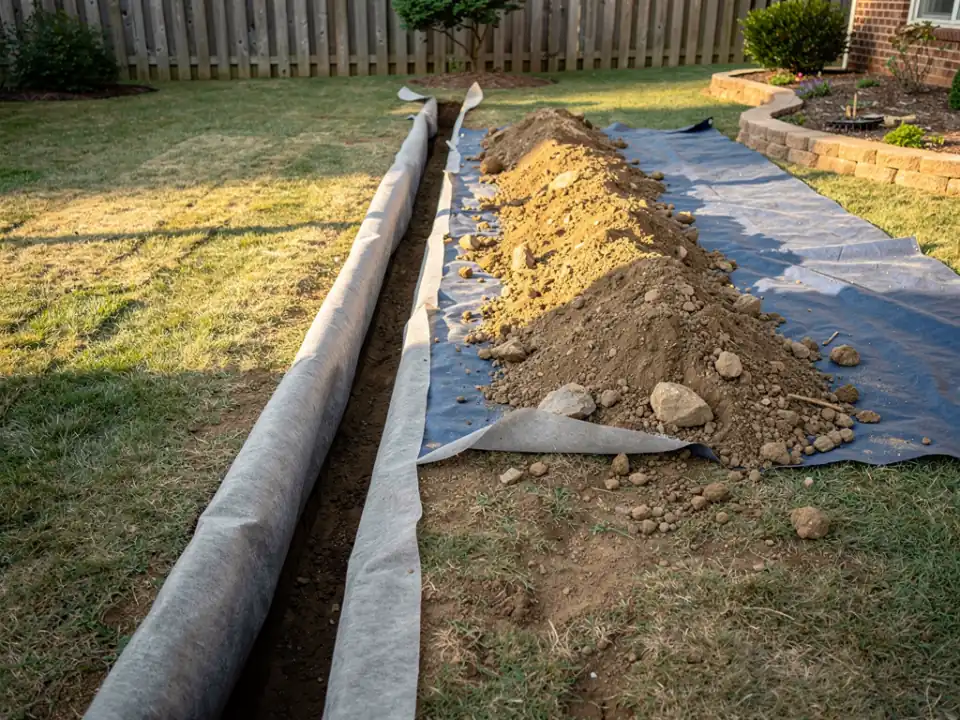 Narrow trench running across a lawn, lined with filter fabric.