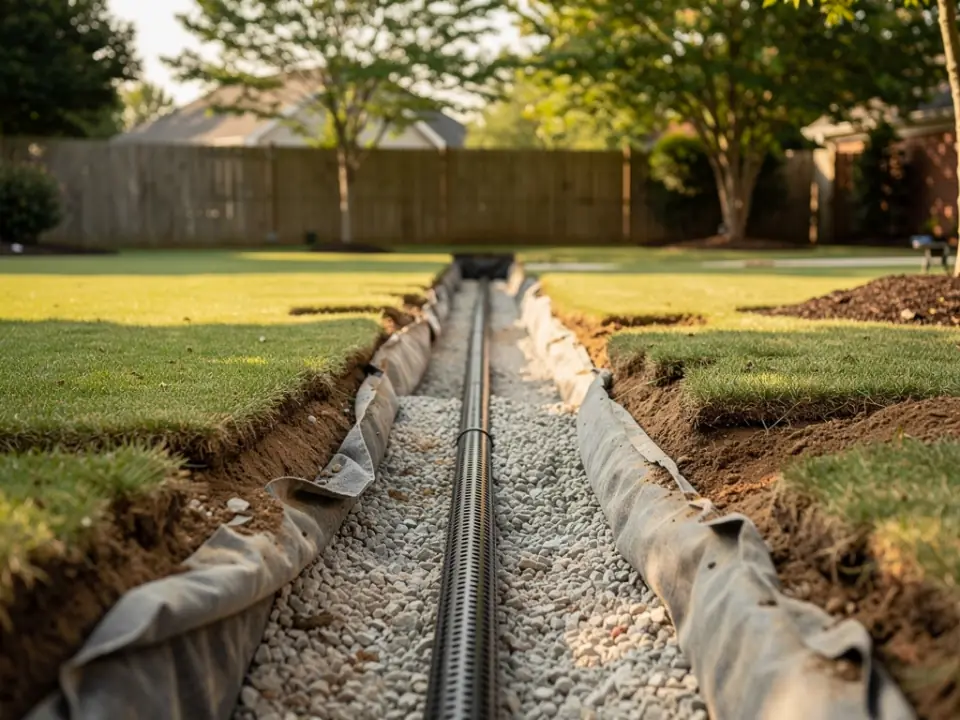 Perforated drain pipe lying on washed gravel inside a fabric-lined trench.