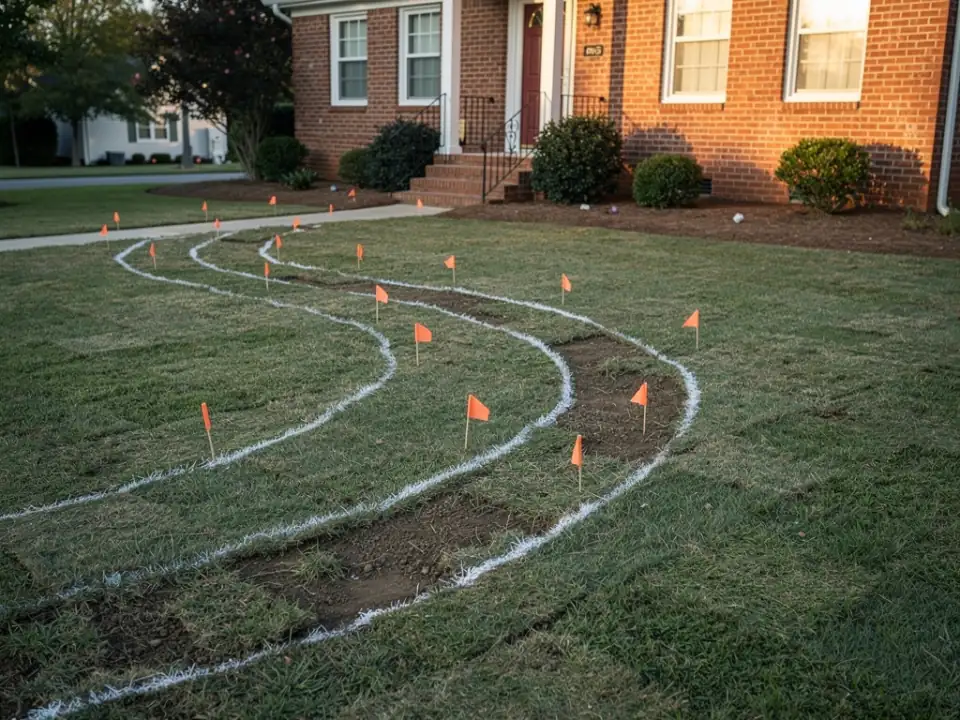 Curving bed outlines in marking paint with small flags on a front lawn.