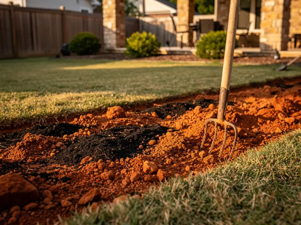 Newly dug planting bed of red clay mixed with compost, with a crisp cut edge along the lawn.