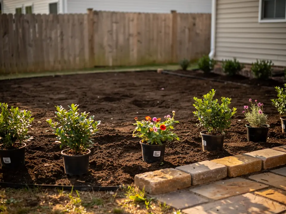 Potted shrubs and perennials set out in their planting spots across a prepared bed.