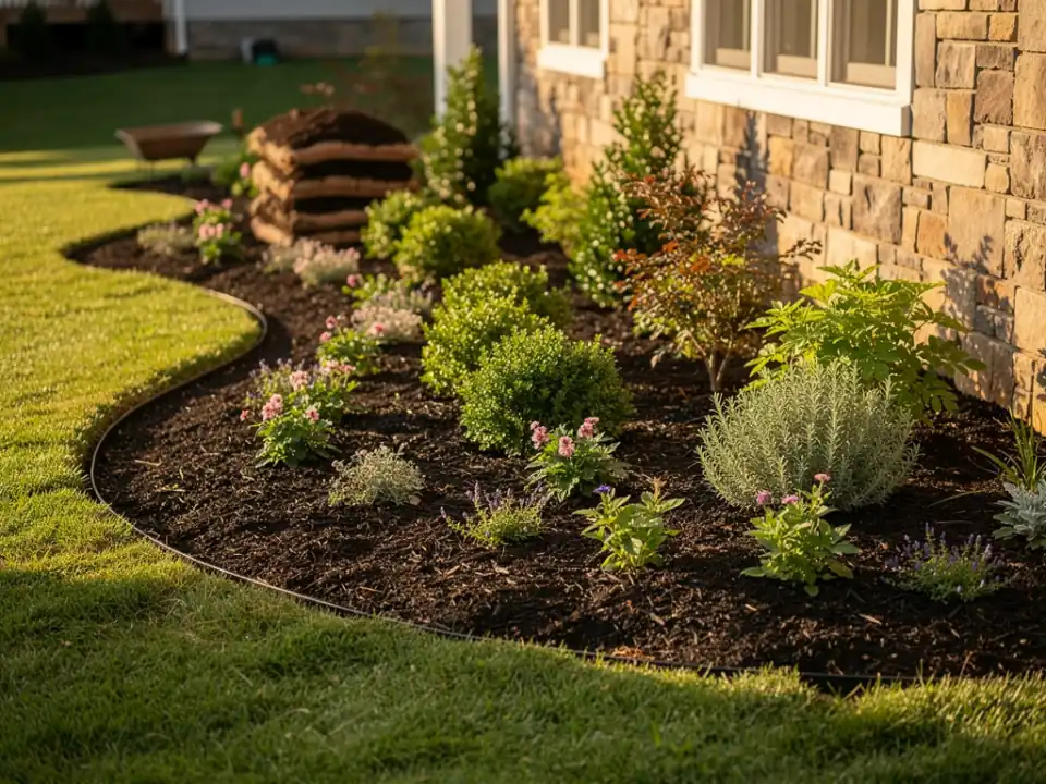 Finished layered planting bed in fresh mulch with a smooth curved edge.