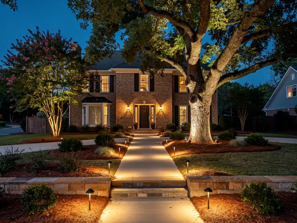 Path lights and an uplit oak tree at dusk in front of a home