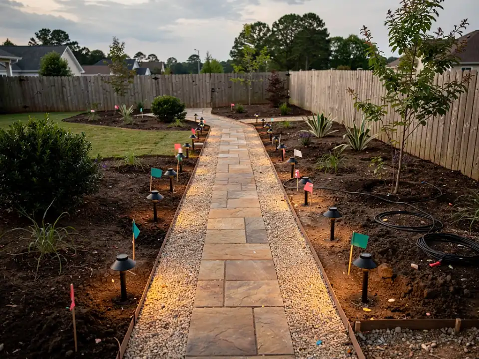 Unlit path light fixtures set out along a walkway at dusk, with marker flags in the bed.