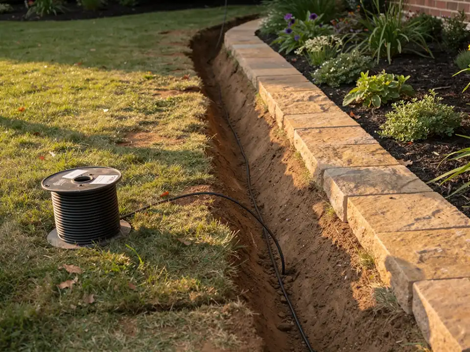 A shallow trench along a bed edge with low-voltage cable laid in and a cable spool nearby.