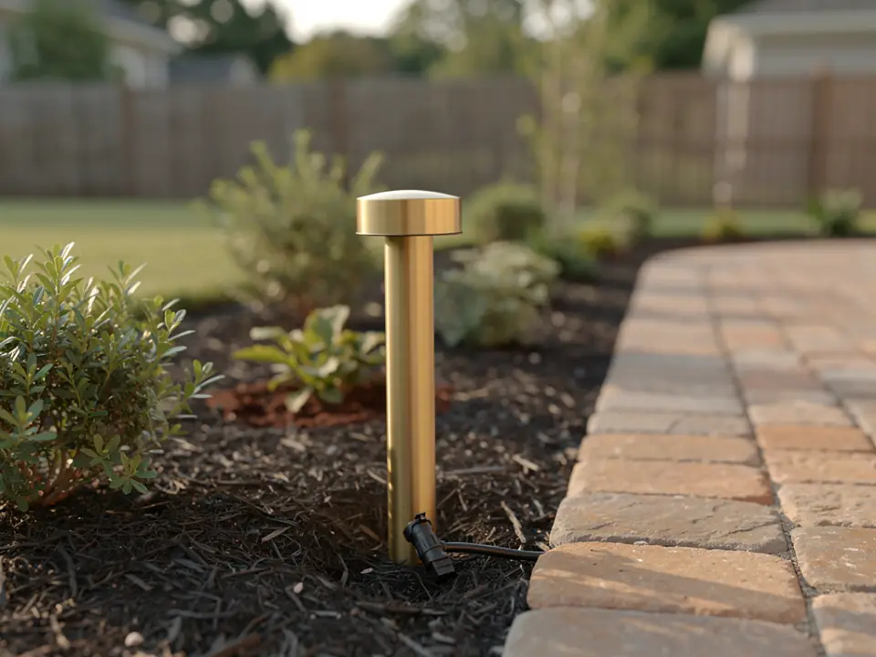 A new brass path light in a mulched bed beside a stone walkway.