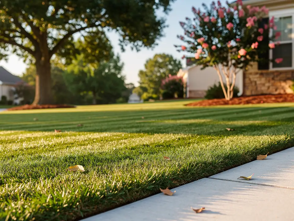 Freshly mowed lawn with a crisp edge along a walkway