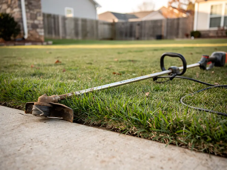 A crisp edged line where the lawn meets a concrete driveway, with a string trimmer lying on the grass.
