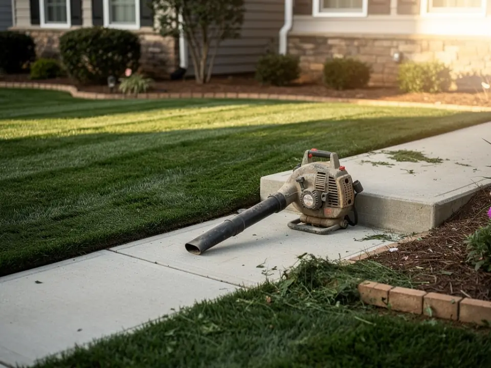 A clean swept walkway beside a mown lawn, with a leaf blower resting on the front step.