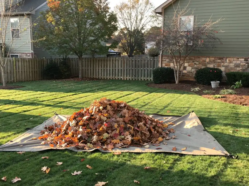 Autumn leaves raked into a pile on a tarp on the lawn.