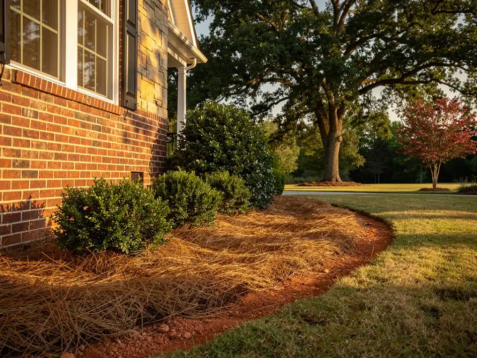 Shrub beds covered in long-leaf pine straw along a brick house