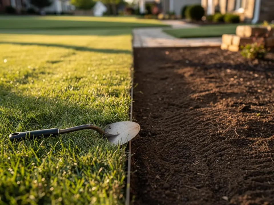 A freshly cut spade edge between lawn and bed, with a half-moon edger lying on the grass.