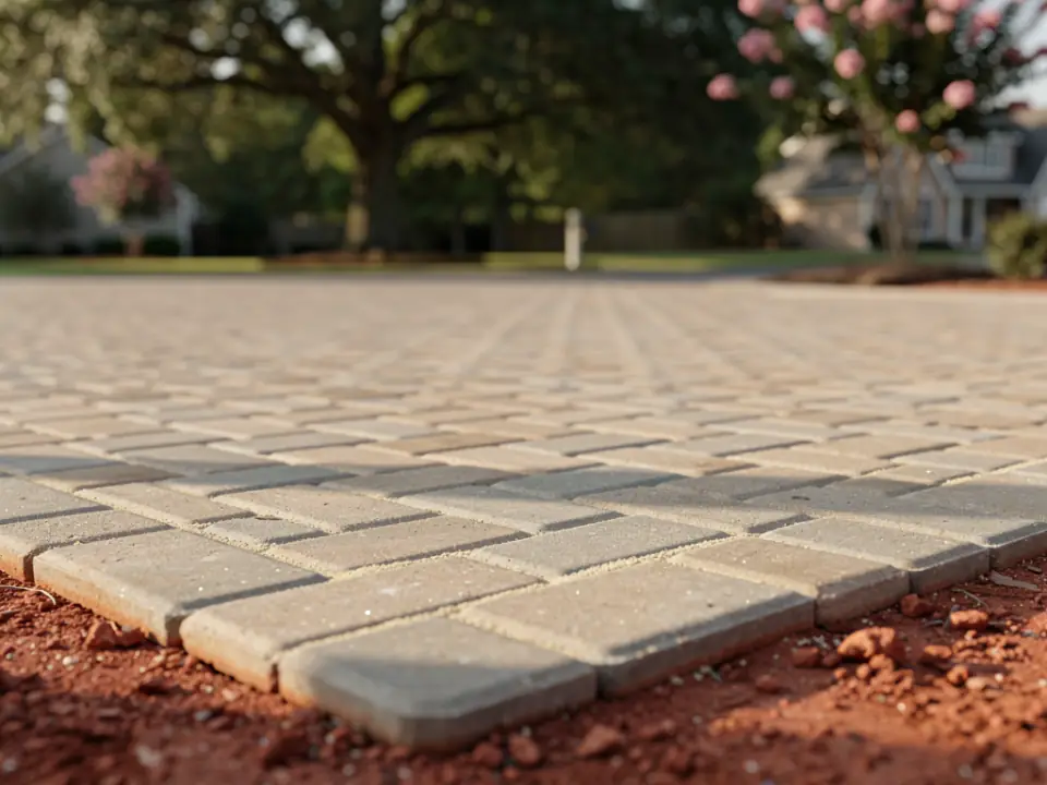 Close-up of interlocking concrete pavers in a herringbone pattern