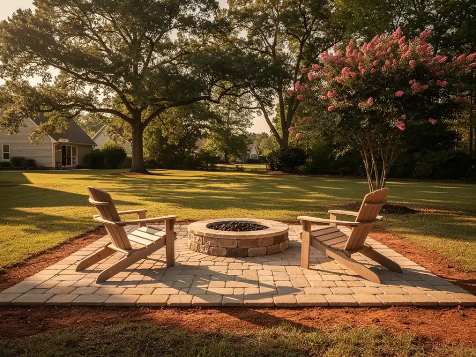 Paver patio with a round stone fire pit and two wooden chairs