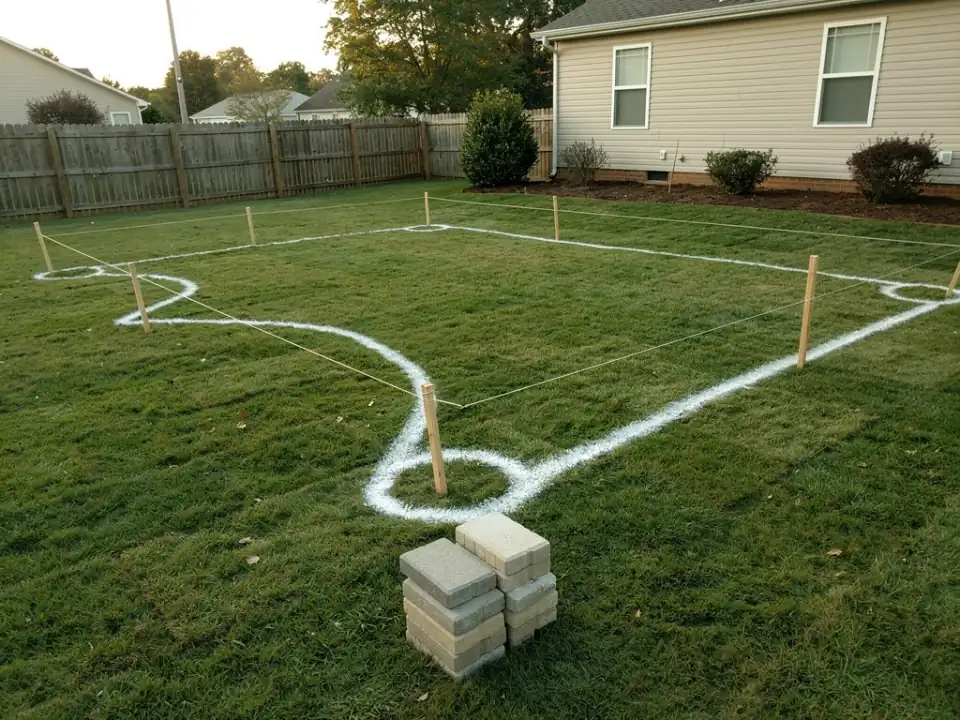 Patio shape outlined in marking paint on a lawn, with stakes, string lines and sample pavers on the grass.