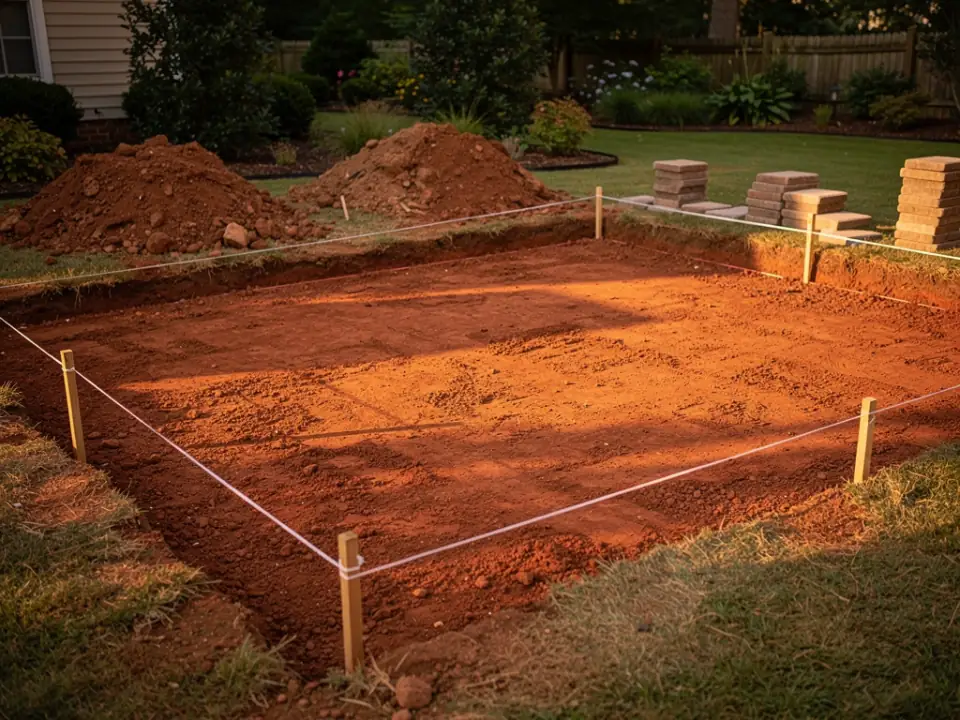 Excavated patio area showing red clay soil, with string lines stretched across for level.
