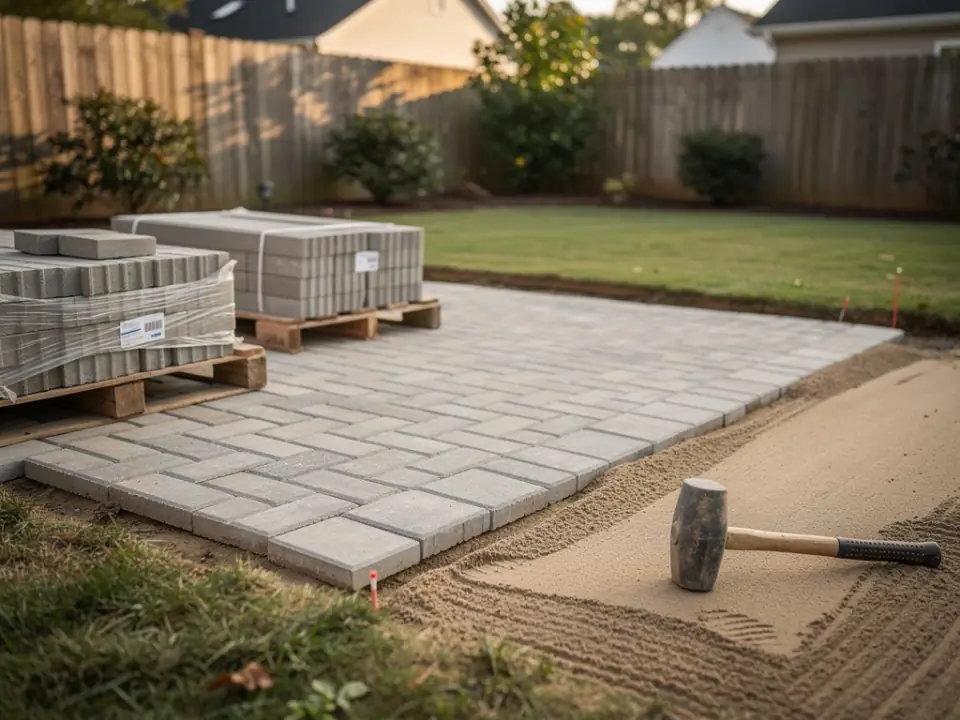 Pavers half laid in a herringbone pattern on a smooth screeded sand bed.