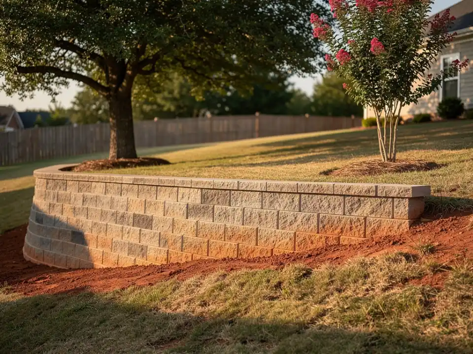 Segmental block retaining wall with a capstone row on a sloped yard