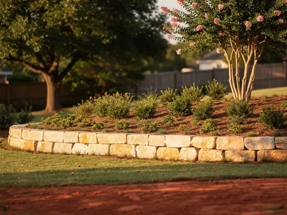 Curved natural stone wall holding a planted bed