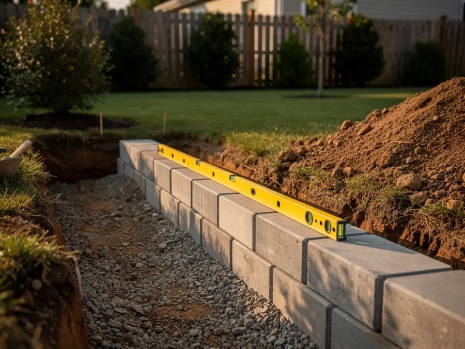 First course of retaining wall blocks on a compacted gravel footing, with a spirit level resting on top.