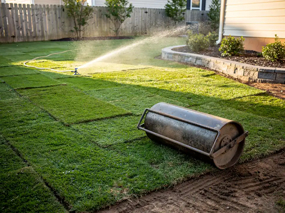 Fresh sod with a lawn roller resting on it and a sprinkler watering the new lawn.